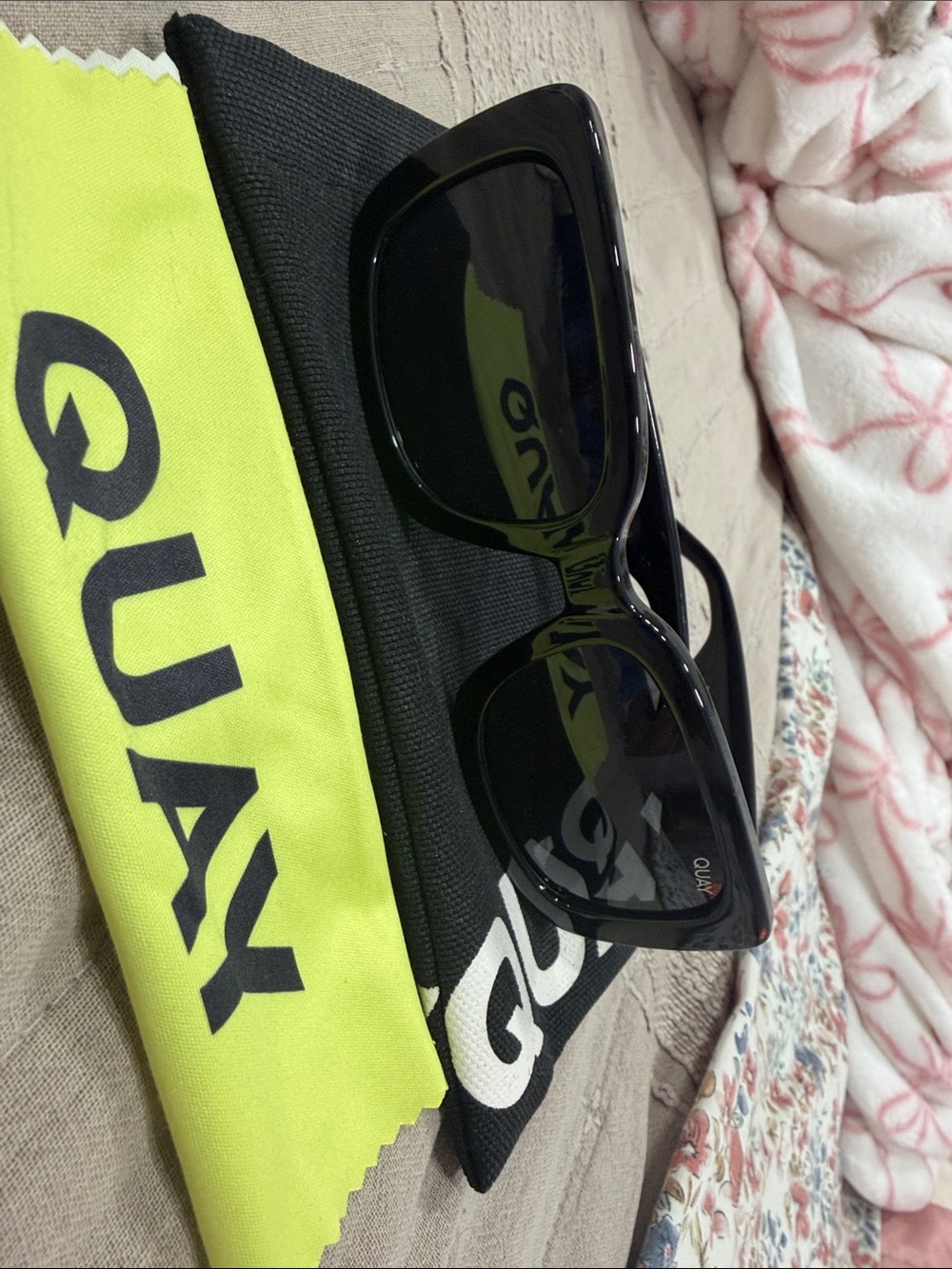 Quay Australia Black Gloss Square Sunglasses with Gold Logo